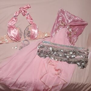 3 Piece Pink Belly Dance Costume with Sequins And Bellydance Hip Scarf XS